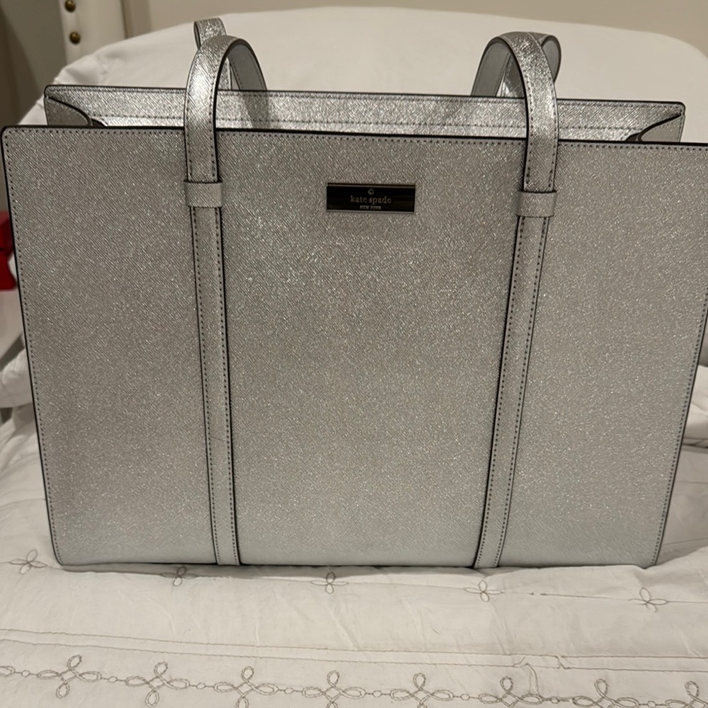 Kate Spade Silver Metallic Tote Bag with Textured Finish
